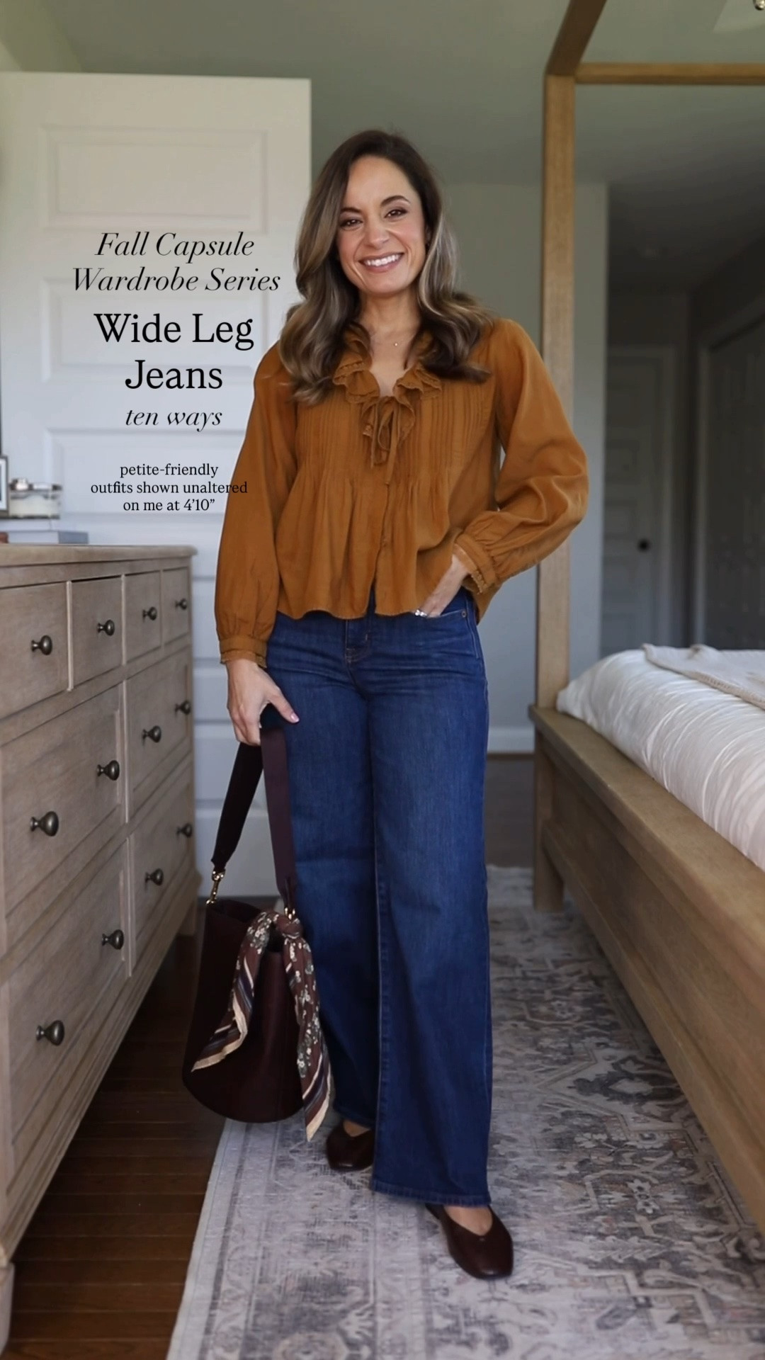 The fall 2026 casual capsule wardrobe series: wide leg jeans ten ways 

Dark Wash Jeans (J.Crew Factory): petite 24 / 10” rise / 28” inseam 

Gray Cardigan (Quince): xs 
Striped Sweater (Madewell): xs 
Brown Marled Sweater (Gap): petite xs 
White Sweater (Gap): petite xs 
White T-Shirt (Old Navy): petite xs 
Denim Top (Target): small (sized up) 
White Button Down (Quince): xs 
Orange Top (Madewell): xxs 
Ecru Jeans (Madewell): 24 / 10 7/8” rise / 27” inseam (they also come in petite with a 10 3/8” rise / 25” inseam) 
Corduroy Pants (BR Factory): petite 25 / 10” rise / 27.5” inseam 
Corduroy Dress (J.Crew): 00 (also comes in petite) 
Green Jacket (Ann Taylor): petite xxs 
Field Jacket (Madewell): xxs 
Corduroy Skirt (Gap Factory): 25 - sized up 

Included shoes are all true to size 

For size comparison, I’m 4’10” 105lbs. My measurements are 32”, 24”, 36”. I typically wear petite xxs/00/24 and have a 25” ankle inseam and a 27.5-28” full length inseam.

#LTKPetite