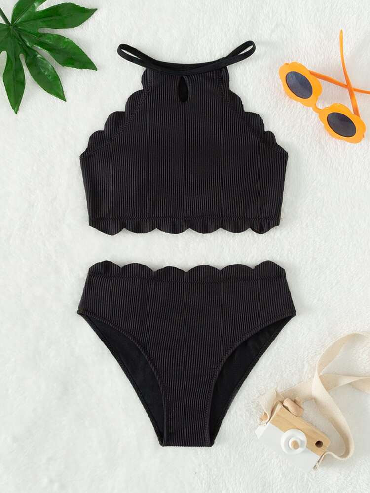 $9.50        
    (99)
        
      Girls Scallop Trim Halter Neck Rib-knit Bikini Swimsuit
   ... | SHEIN