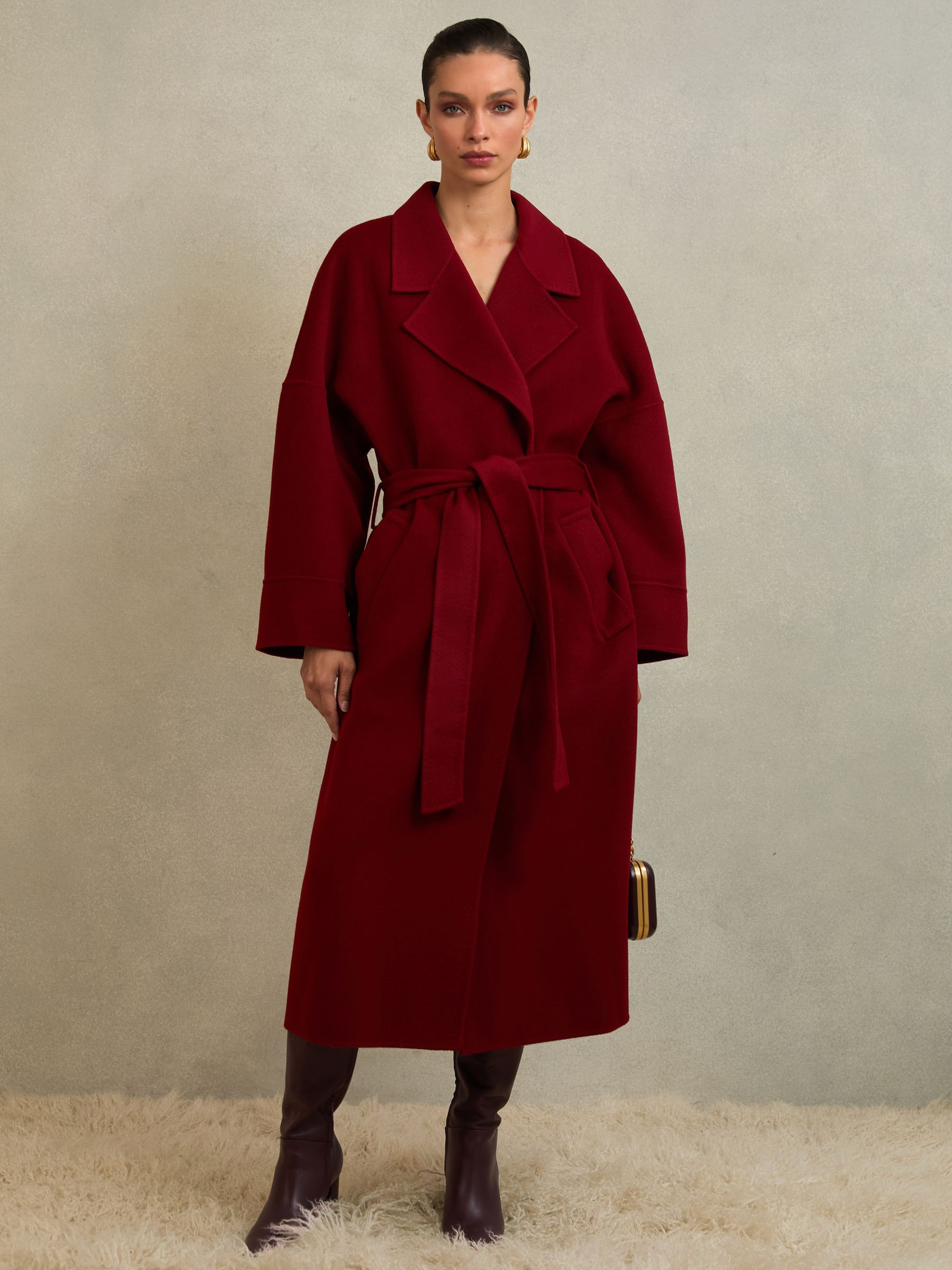 Atelier Wool Blindseam Belted Coat in Red | Reiss UK