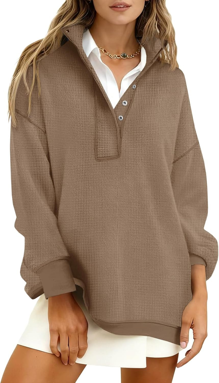 Fisoew Womens Waffle Knit Oversized Sweatshirt Casual Snap Stand Collar Long Sleeve Pullover Tops Fall Travel Outfits | Amazon (US)