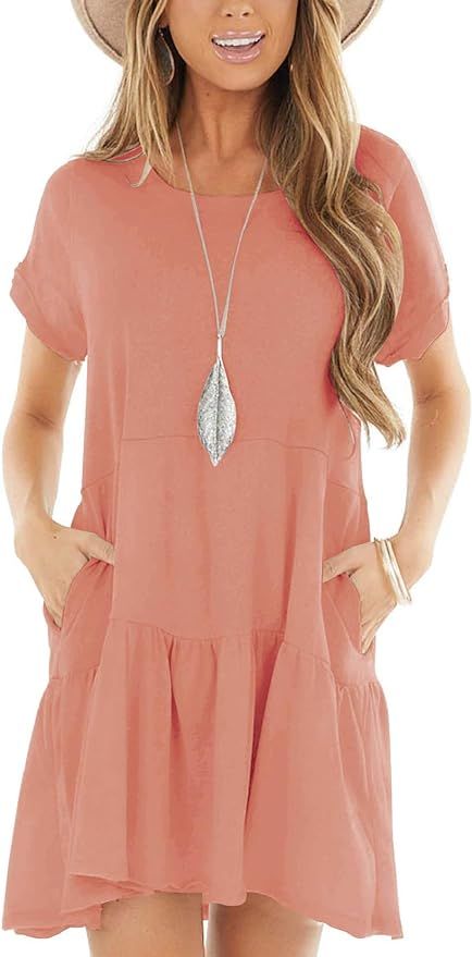 Minclouse Women's Short Sleeve Flowy Swing T Shirt Dress Baby Doll Cute Casual Pockets Dresses | Amazon (US)