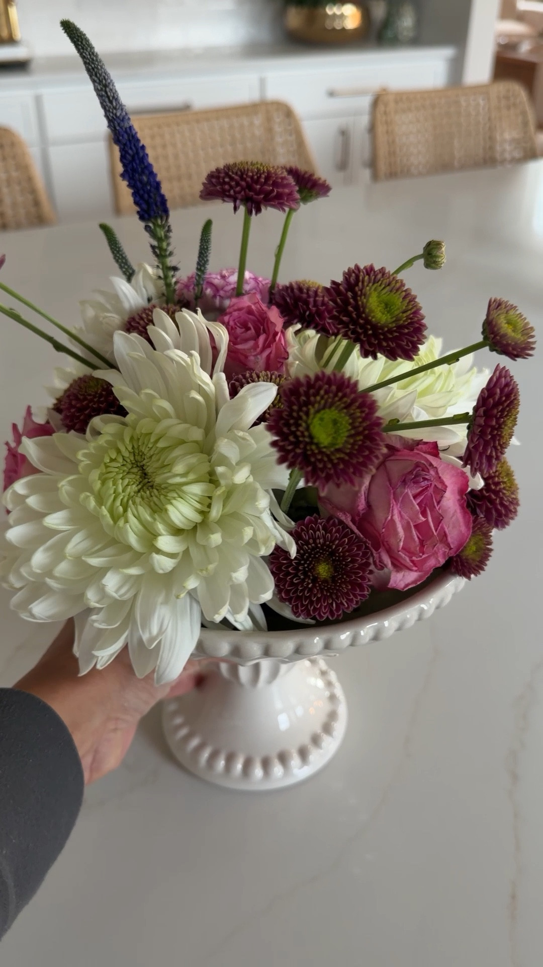 And easy floral arrangement made with my left over flowers and the ones that have broken stems. I used some big mums to cover the wet foam, some accent roses and some tiny mums (that have strong stems) for height. 

#LTKHome #LTKdayinmylife #LTKstorytime