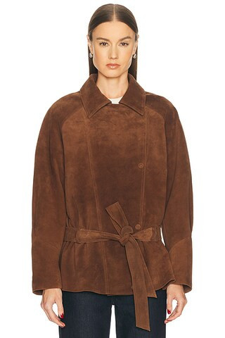 AEXAE Leather Suede Belted Jacket in Brown Suede - Brown. Size S (also in XS). | FWRD 