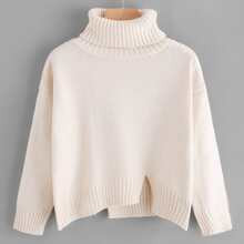Turtleneck Raw Cut Dip Hem Sweater | SHEIN