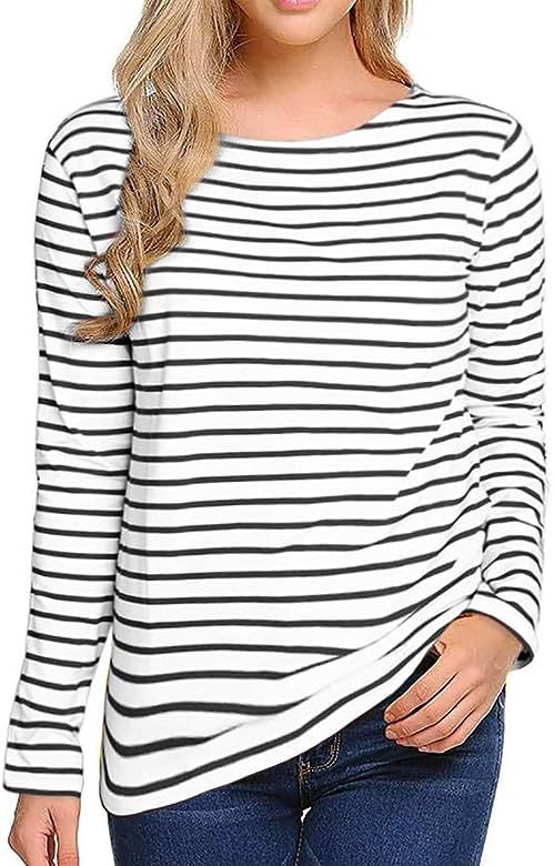 Women's Long Sleeve Striped T-Shirt Tee Shirt Tops Slim Fit Blouses | Amazon (US)