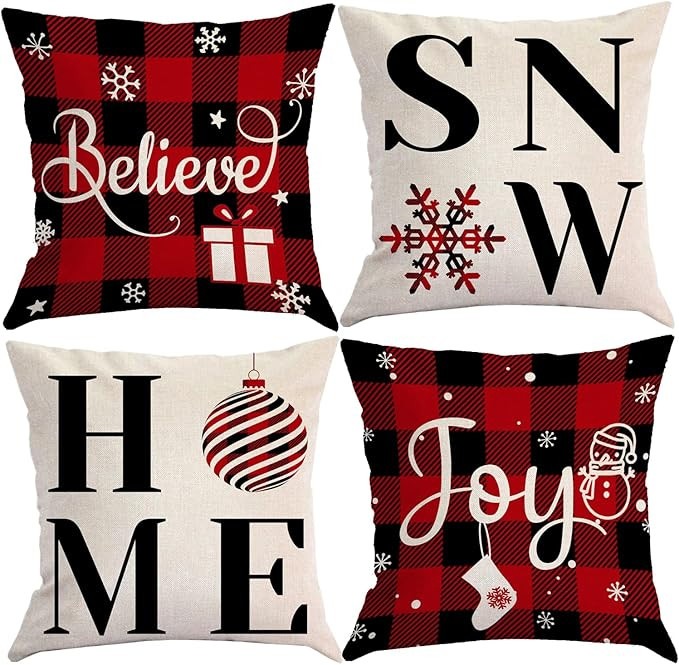 Christmas Pillow Covers 18x18 Set of 4, Rustic Buffalo Plaid Decor Red Christmas Throw Pillows Ca... | Amazon (US)