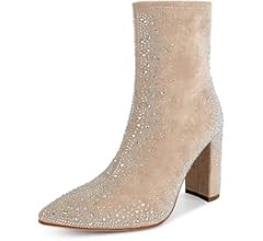 ISNOM Ankle Boots for Women with Chunky Heel, Pointed Toe, Side Zipper | Amazon (US)