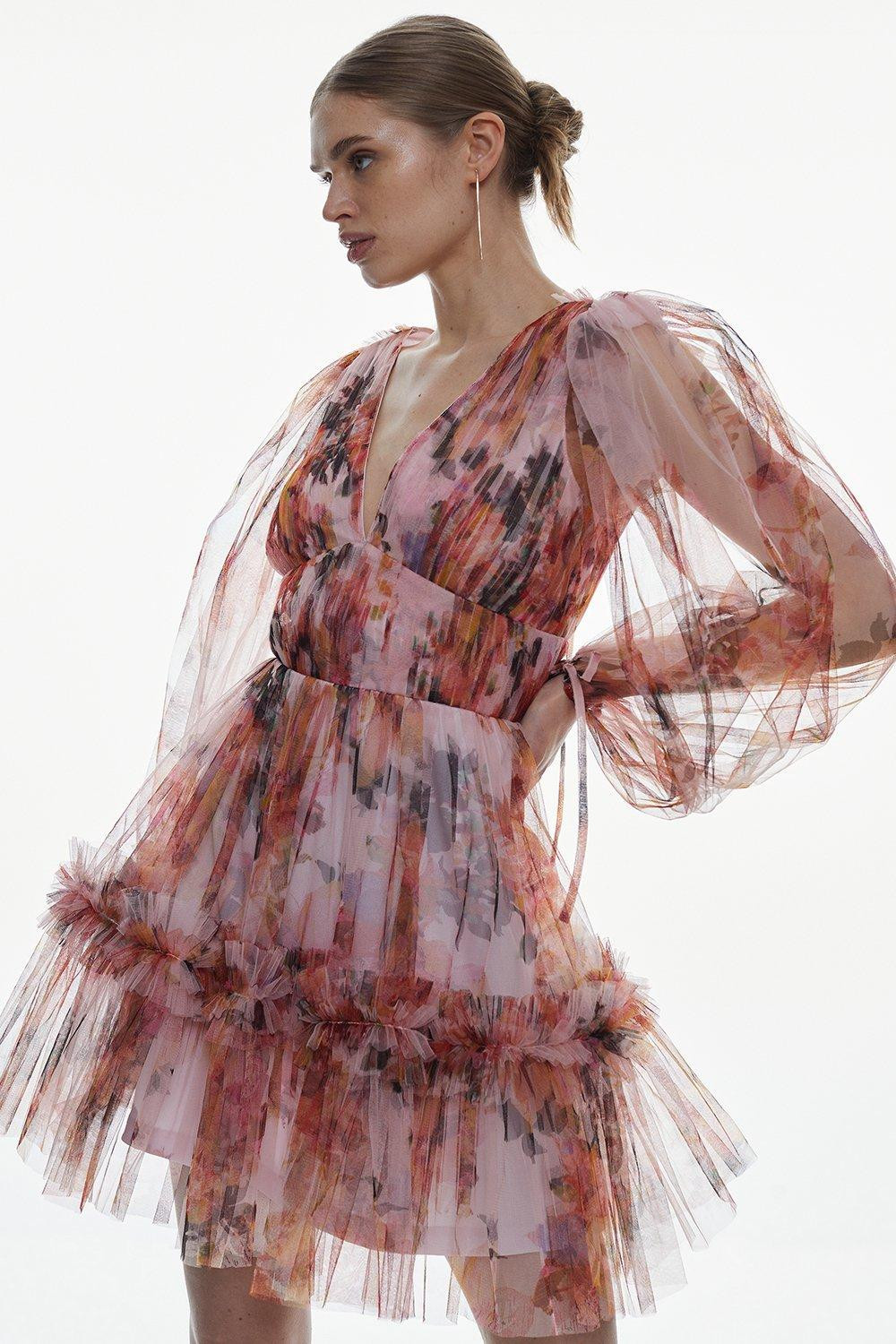 Floral Tulle Plunge Mini Dress | Karen Millen UK + IE + DE + NL