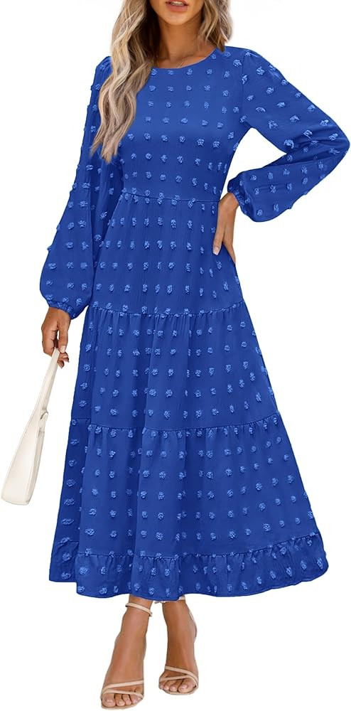 PRETTYGARDEN Women's Fall Spring Elegant Long Sleeve Maxi Dress Swiss Dot A Line Flowy Casual Hol... | Amazon (US)