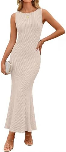 ZESICA Women's Summer Spring Sleeveless Knit Maxi Dress 2026 Boat Neck Bodycon Casual Vacation Pa... | Amazon (US)