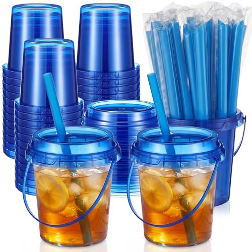 Purpeak 30 Set 24oz Plastic Drink Buckets with Lids and Straws, Blue | Amazon (US)