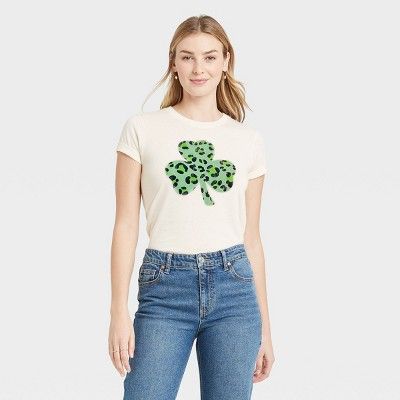 Women's Leopard Print Clover Value Short Sleeve Graphic T-Shirt - Off-White | Target