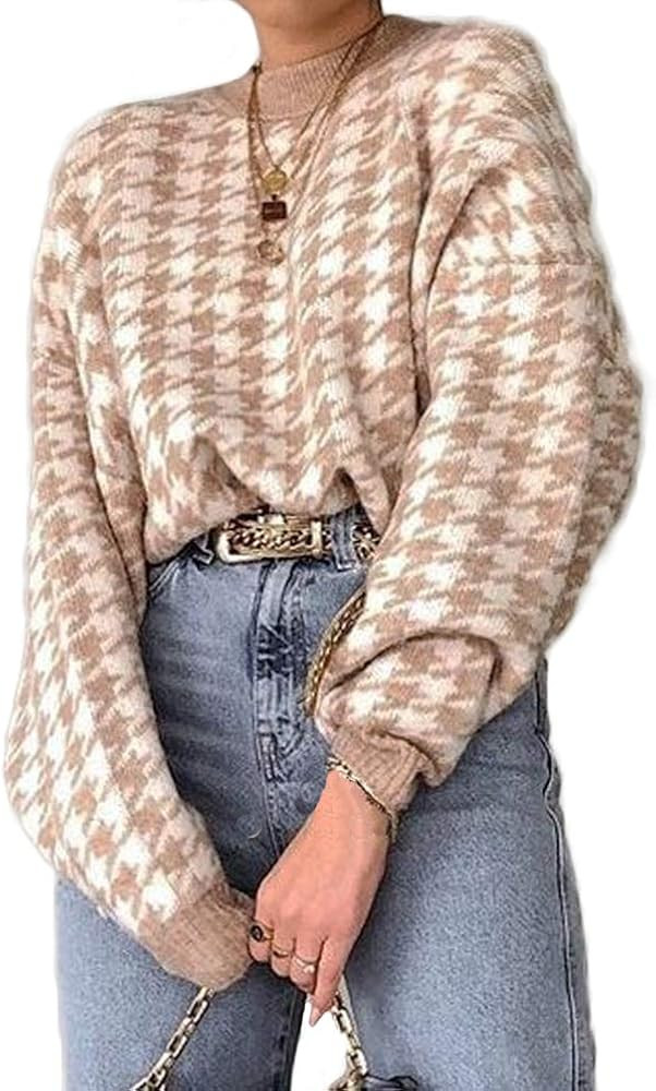 Women Long Sleeve Houndstooth Knitted Sweater 90s Oversize Casual Knitwear Pullover Jumper Top | Amazon (US)