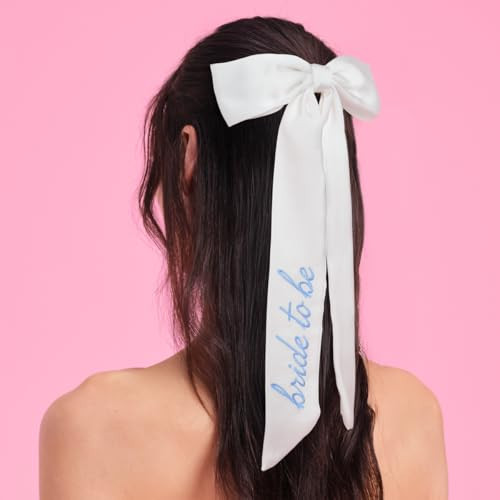 xo, Fetti Blue Bride to Be Embroidered White Hair Bow | Bachelorette Party Hairpiece, Bridal Shower Accessory, Bridesmaid Gift, Wedding Headband, Engagement Accessory | Amazon (US)