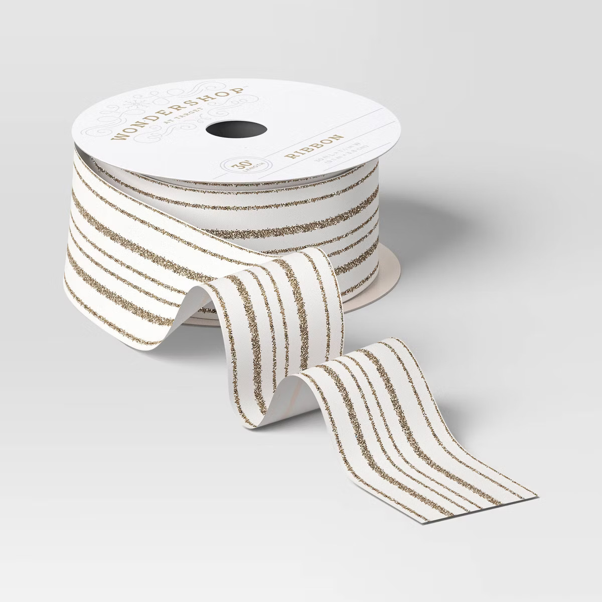 30' Christmas Fabric Ribbon White Satin Gold Glitter Stripes - Wondershop™ | Target