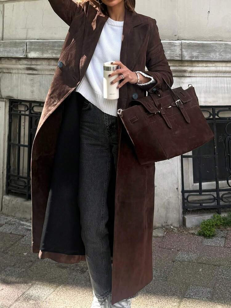 1pc Women's Front Button Long Sleeve Suede Casual Versatile Long Windbreaker Coat, Autumn/Winter | SHEIN