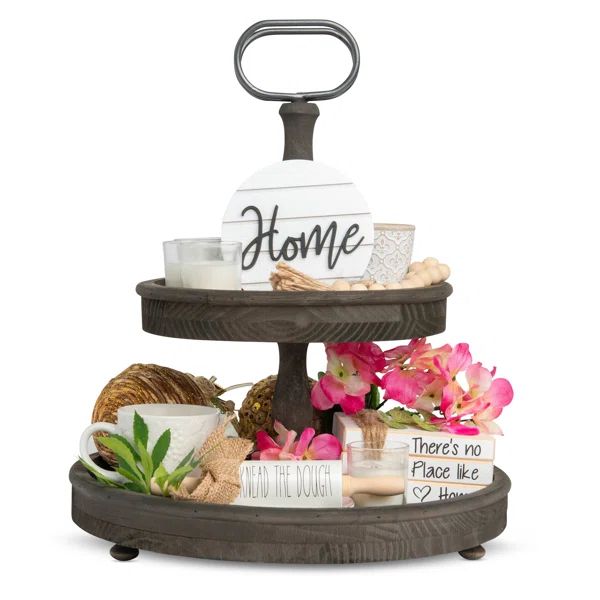 Farmhouse Tiered Tray With Metal Handle And Distressed Finish | Wayfair North America