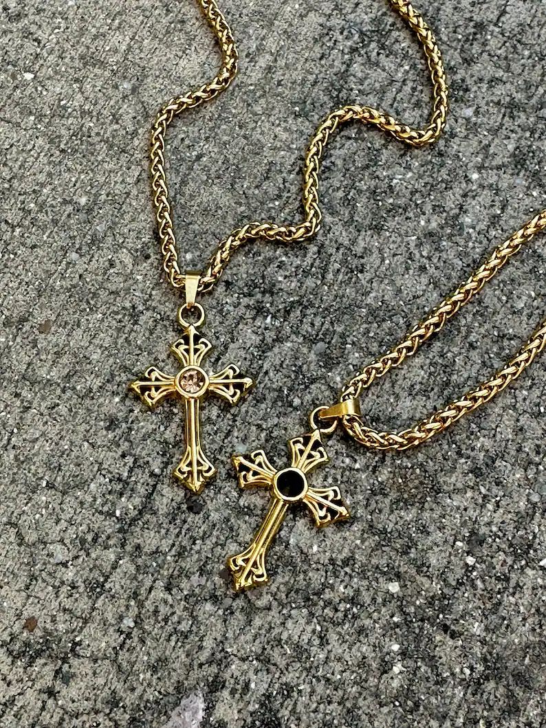18k Gold Big Cross Necklace Woven Stainless Steel Cross Oversized Crystal Chunky Y2K Unisex Jewel... | Etsy (US)