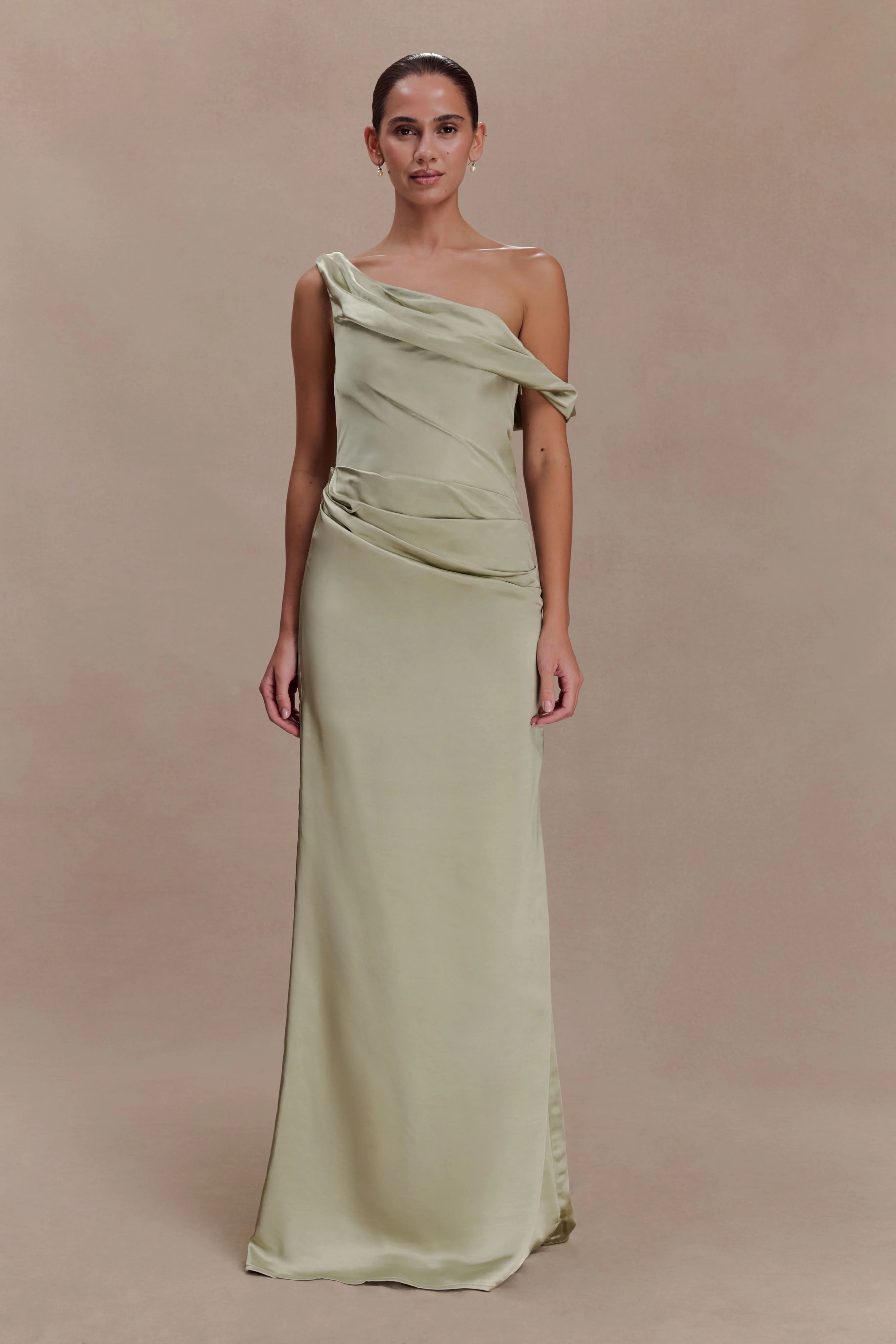 Dalia Off Shoulder Satin Maxi Dress - Sage | Meshki UK
