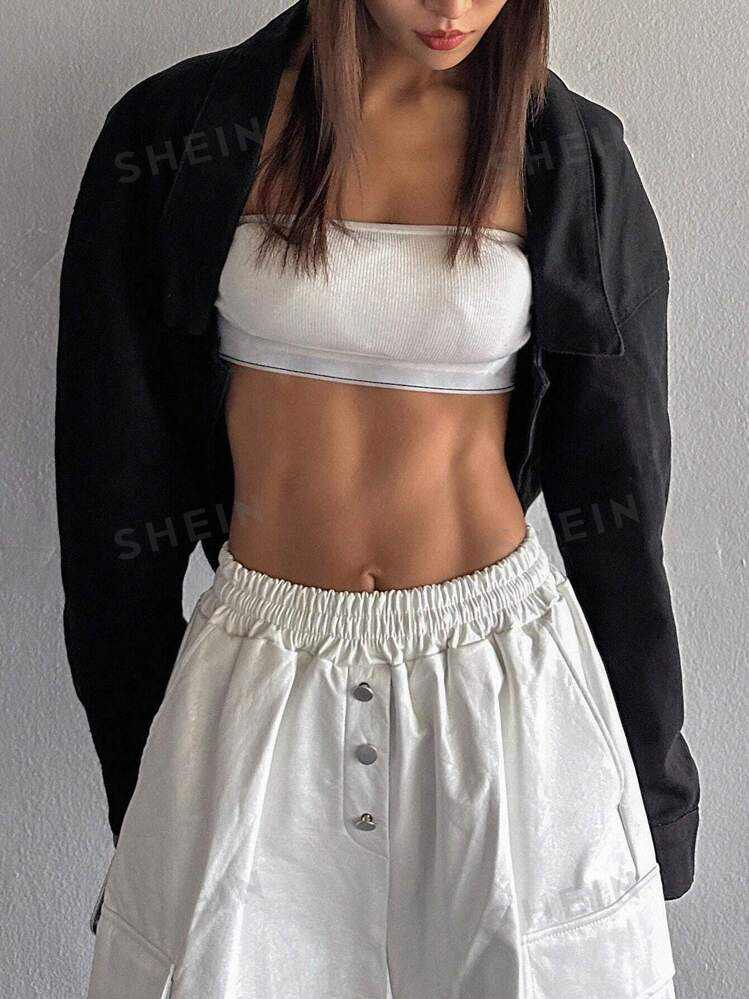 DAZY Solid Open Front Crop Denim Jacket | SHEIN USA | SHEIN