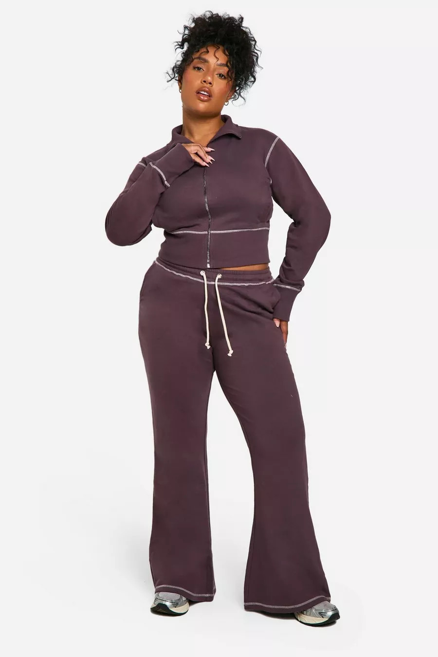 Plus Contrast Stitch Shrunken Top And Flared Jogger Tracksuit | Boohoo.com (UK & IE)