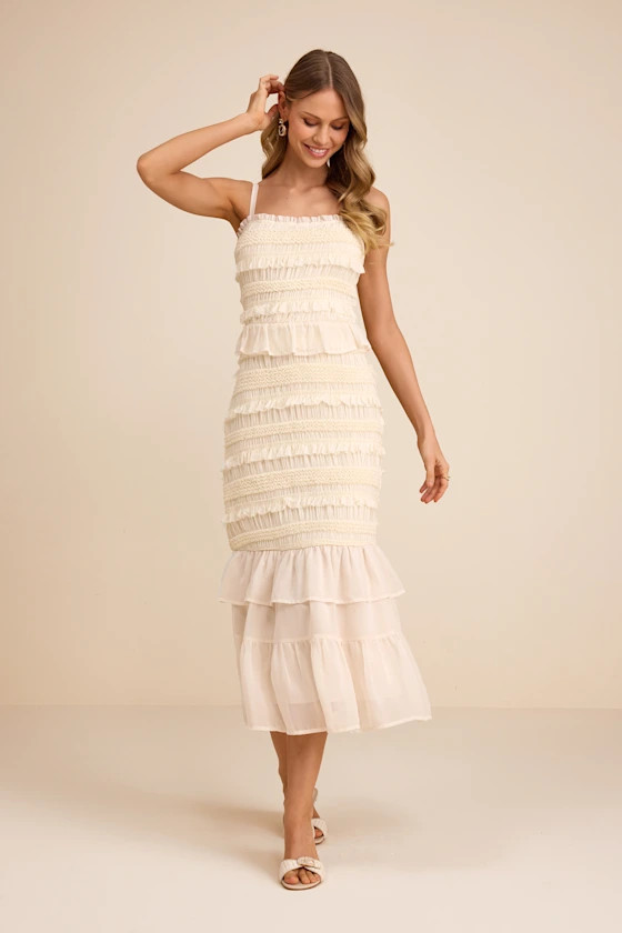 Harley Cream Smocked Ruffled Midi Dress | Lulus