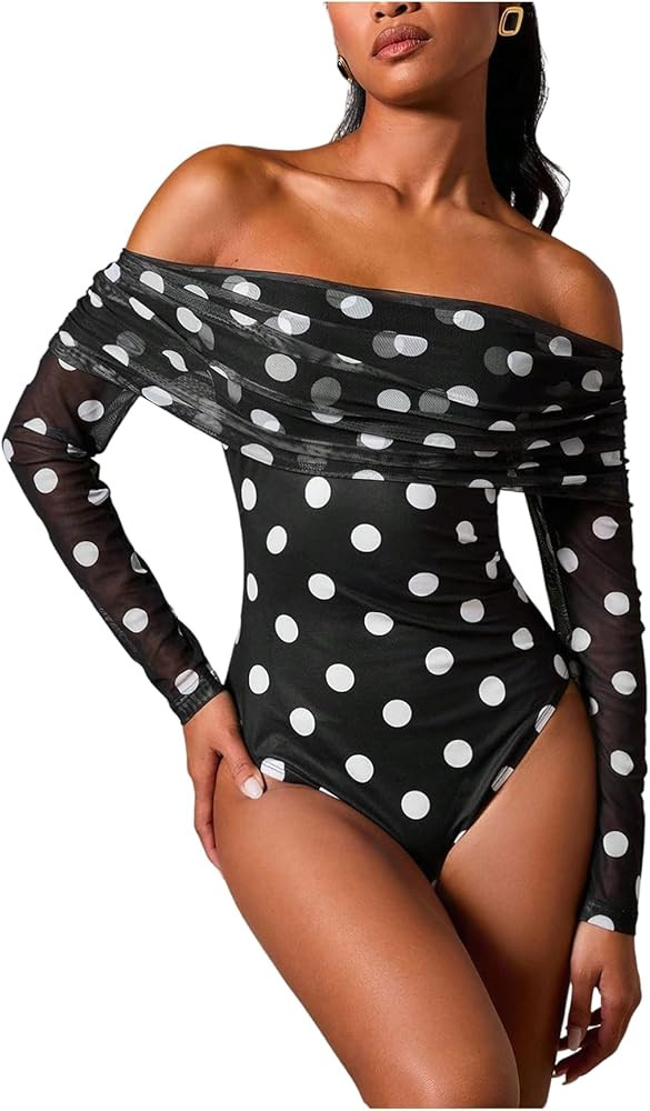 SOLY HUX Women's Polka Dots Bodysuit Off the Shoulder Long Sleeve Mesh Ruched Going Out Tops | Amazon (US)
