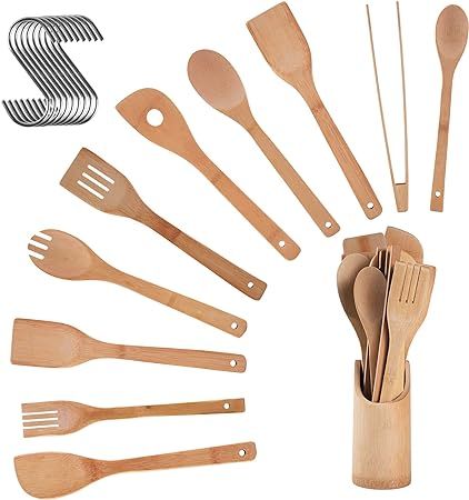 Bamboo Kitchen Utensils, Wooden Cooking Utensils with Holder, Wooden Spatulas and Cookware Set, B... | Amazon (US)