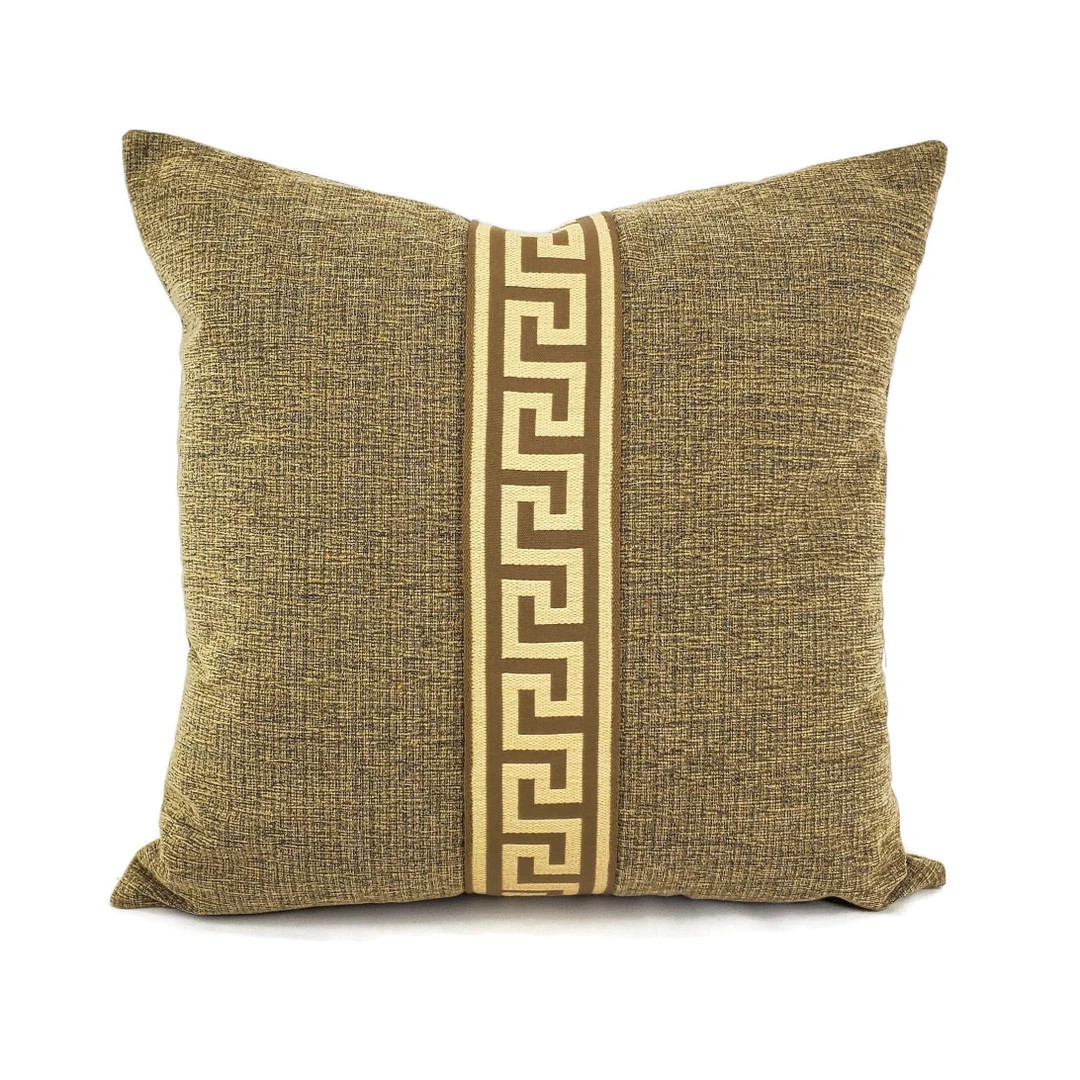 Textured Chenille Pillow Cover: Tan, Black, and Brown Greek Key Trim (20" X 20") - Etsy | Etsy (US)