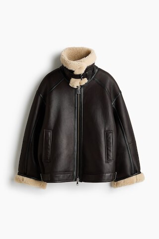 H & M - Leather Shearling Jacket - Dark Brown | H&M (US + CA)