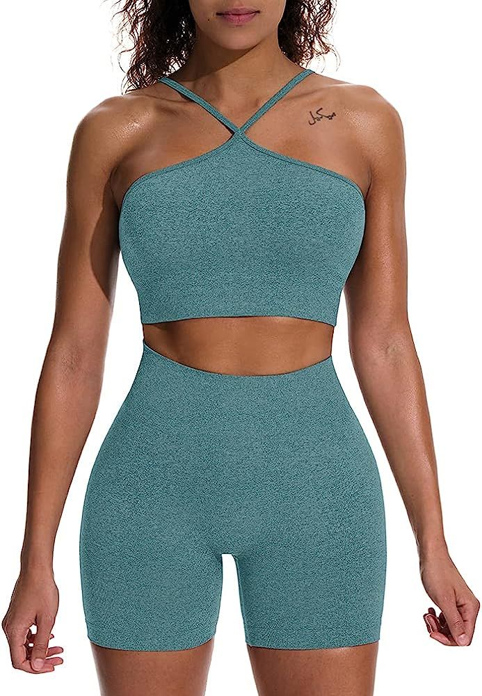 HYZ Women's Workout 2 Piece Outfits High Waist Running Shorts Seamless Gym Yoga Crop Top Bra Sets | Amazon (US)
