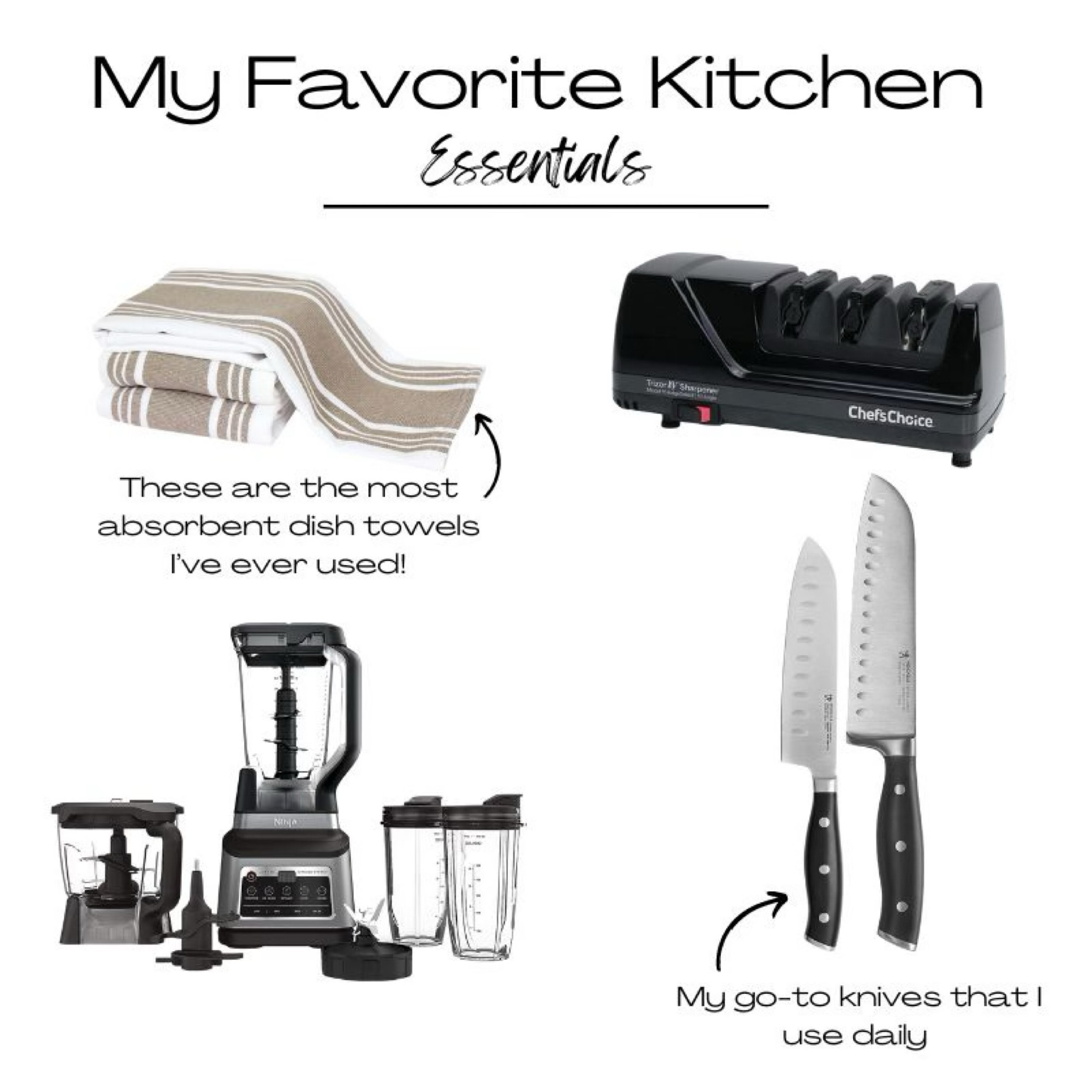 My kitchen must haves. Dish towels, knife, sharpener, blender, food processor, knives, knife.

#LTKhome #LTKsalealert