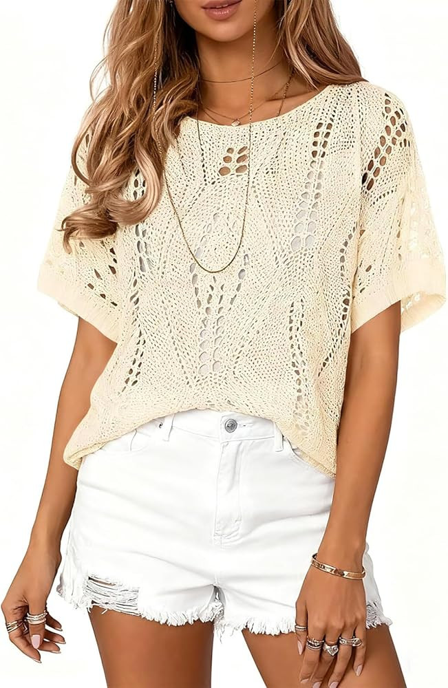 Eytino Women's Plus Size Crochet Hollow Out Half Sleeve Summer Sweater | Amazon (US)