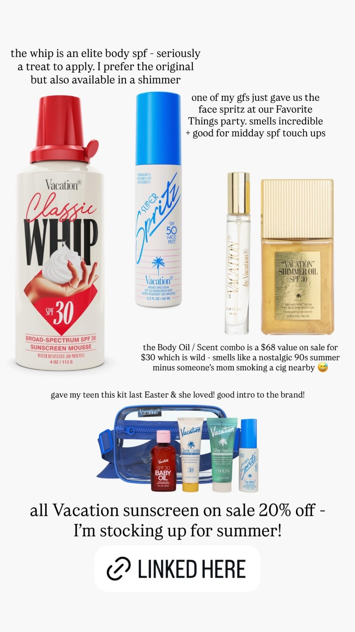 all Vacation sunscreen on sale 20% off - I’m stocking up for summer!

the whip is an elite body spf - seriously a treat to apply. I prefer the original but also available in a shimmer  

gave my teen this kit last Easter & she loved! good intro to the brand!  

one of my gfs just gave us the face spritz at our Favorite Things party. smells incredible + good for midday spf touch ups  

the Body Oil / Scent combo is a $68 value on sale for $30 which is wild - smells like a nostalgic 90s summer minus someone’s mom smoking a cig nearby 😅

#LTKSeasonal #LTKSaleAlert #LTKselfcare