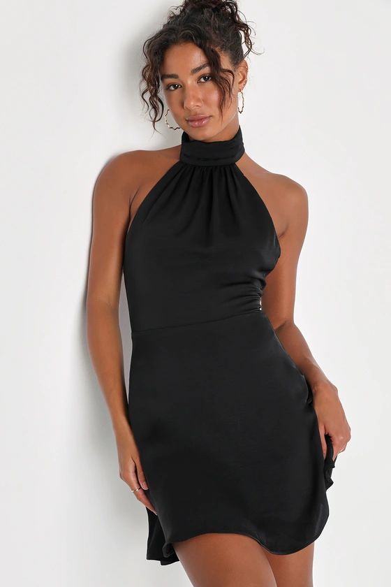 Give 'Em Glam Black Satin Sleeveless Halter Mini Dress | Lulus (US)