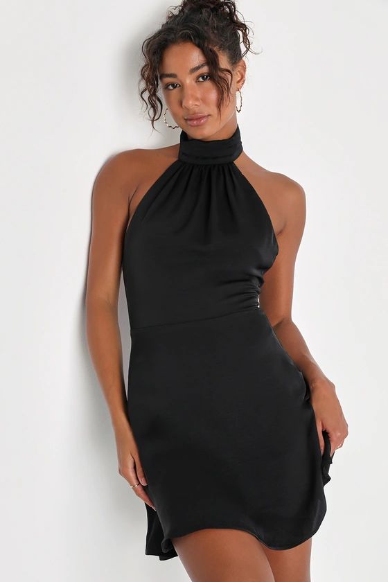 Give 'Em Glam Black Satin Sleeveless Halter Mini Dress | Lulus