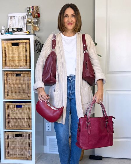 Burgundy bags from Amazon!
1: smaller size but easily fits an iPhone
2. Slouchy bag, very cute
3. Real leather, 2 straps
4. More of a dark pink, biggest in size
My jeans and tee shirt are also from Amazon and linked, my cardi is old and sold out 


#LTKfindsunder50 #LTKstyletip #LTKitbag