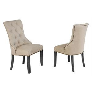 Dark Gray Wood Dining Chairs Upholstered with Beige Linen Fabric (Set of 2) | Homesquare