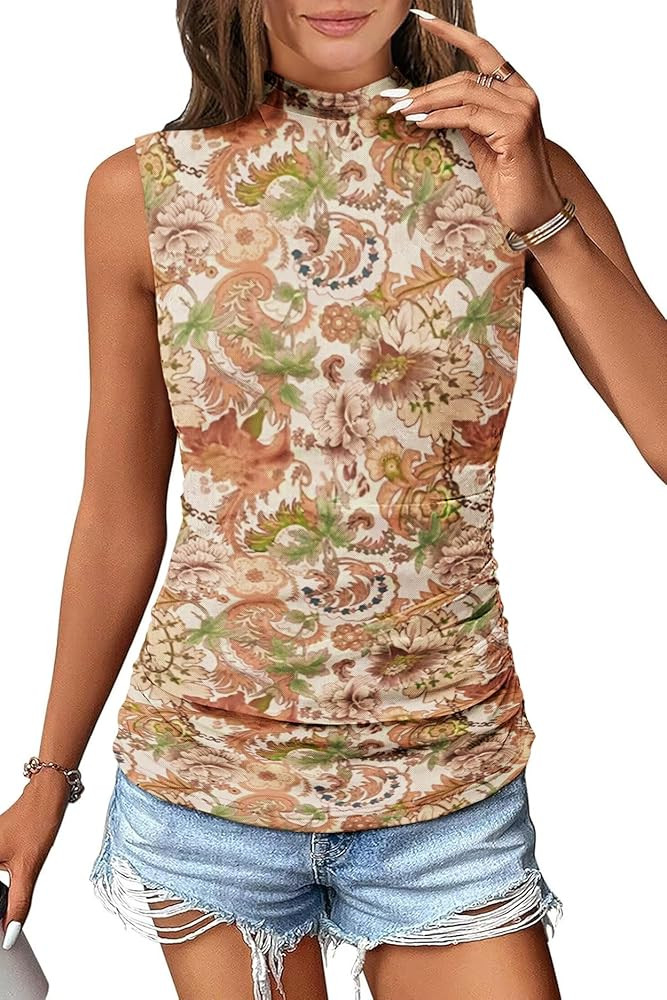 Women's Mesh Floral Tank Tops Sleeveless Mock Neck Sexy Going Out Shirts 2025 Trendy Summer Casua... | Amazon (US)