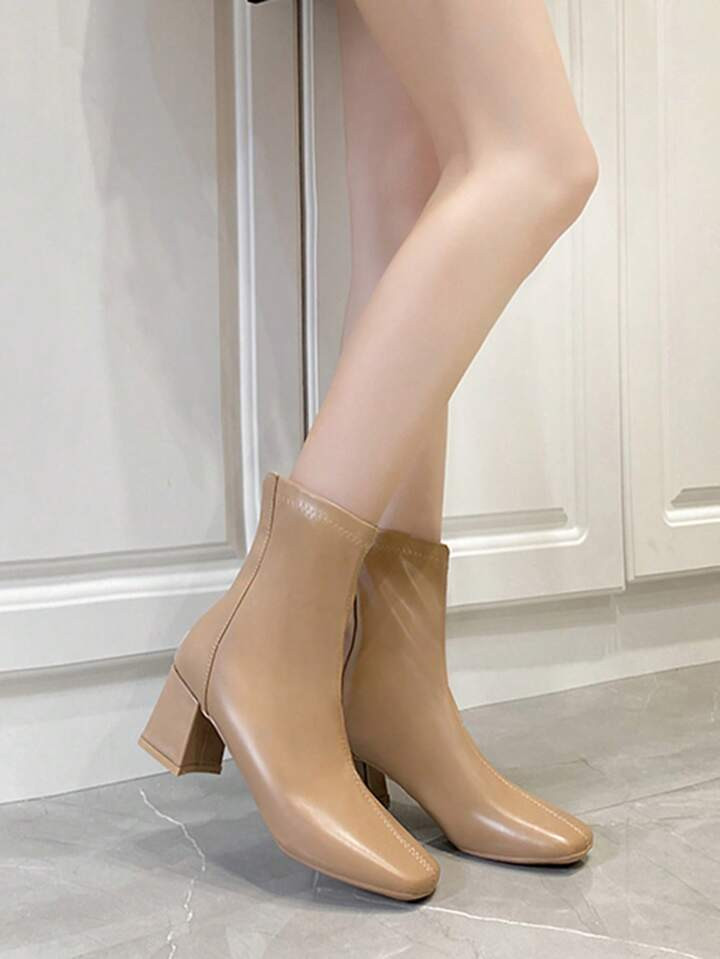 Women's Fashionable & Comfortable Mid-calf Boots With Simplistic Square Toe & Chunky Heel | SHEIN