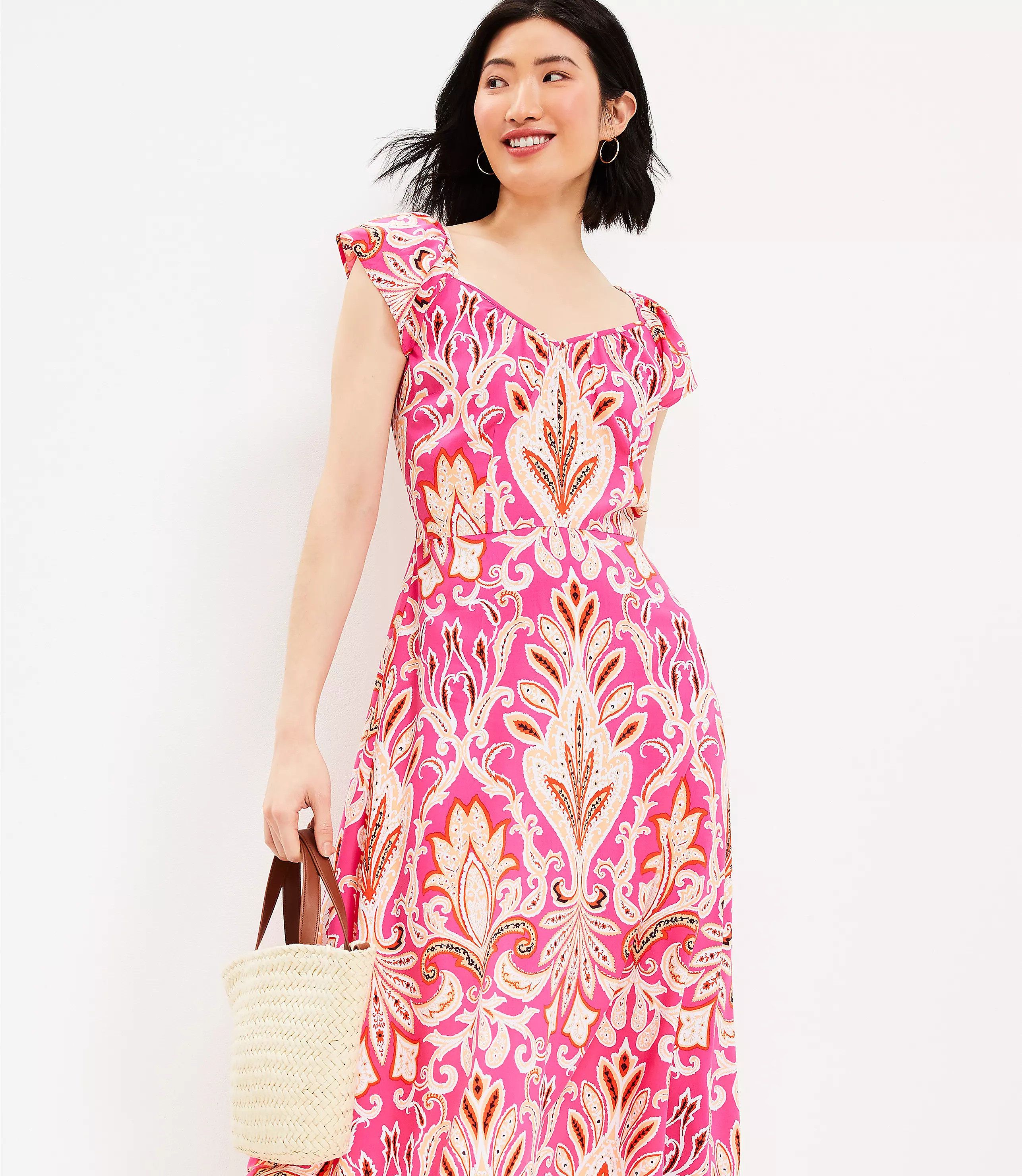 Paisley Flutter Sleeve V-Neck Midi Dress | LOFT