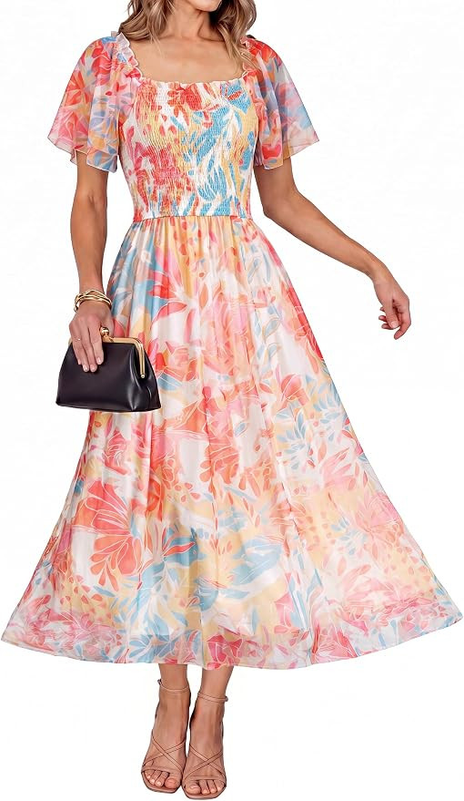 Simplee Womens Floral Maxi Dresses 2026 Summer Square Neck Mesh Short Sleeve Smocked Boho Flowy W... | Amazon (US)