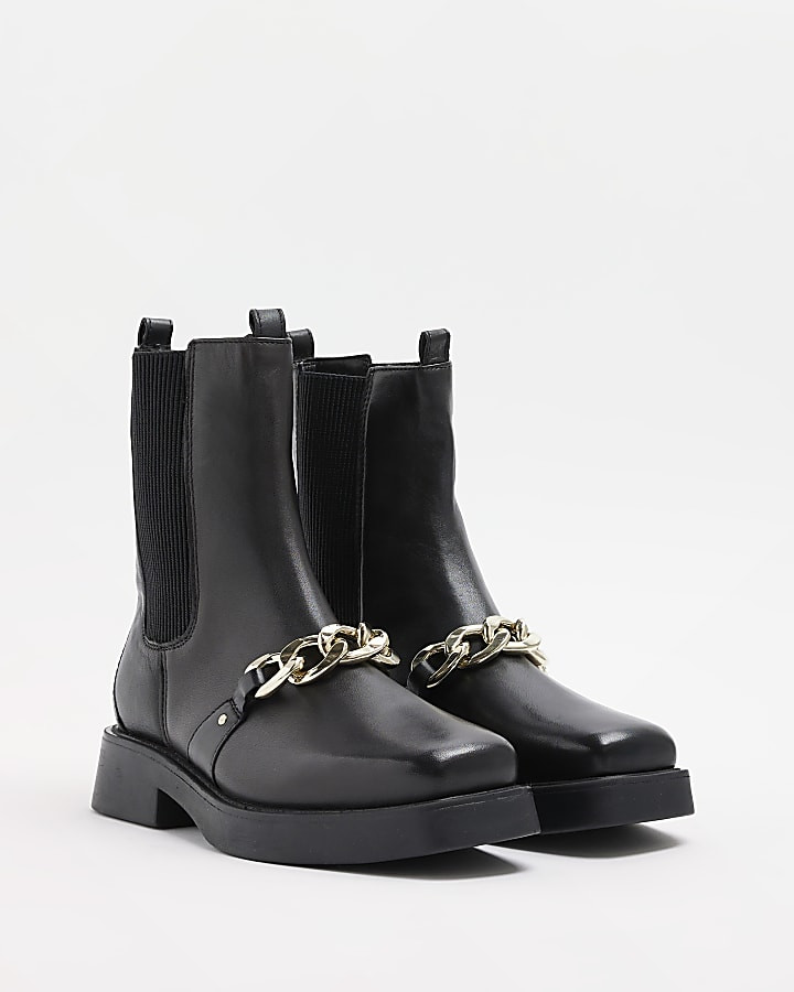 Black leather wide fit ankle boots | River Island (UK & IE)