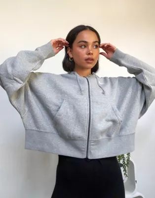 Nike mini swoosh oversized cropped zip through hoodie in gray | ASOS (Global)