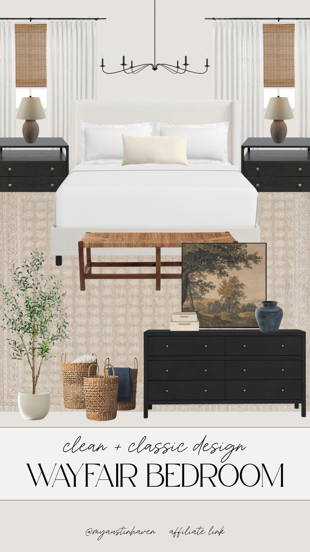 Modern transitional bedroom from Wayfair. 🤍 Warm, layered space. 

Wayfair bedroom, modern transitional bedroom, neutral bedroom decor, black nightstands, upholstered bed frame, woven bench, bamboo shades, linen curtains, classic bedroom design, timeless home decor, landscape wall art, black dresser, layered neutral bedroom, traditional modern style, designer inspired bedroom, affordable bedroom furniture, room inspo, styled bedroom.  

 #LTKSpringSale

#LTKSaleAlert #LTKHome