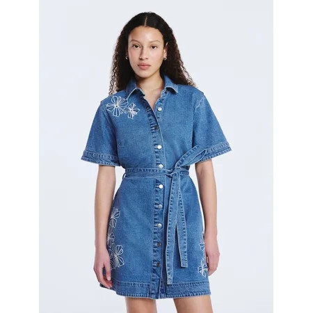 Free Assembly Women's and Women's Plus Embroidered Denim Mini Shirtdress with Belt, Sizes XS-4X | Walmart (US)