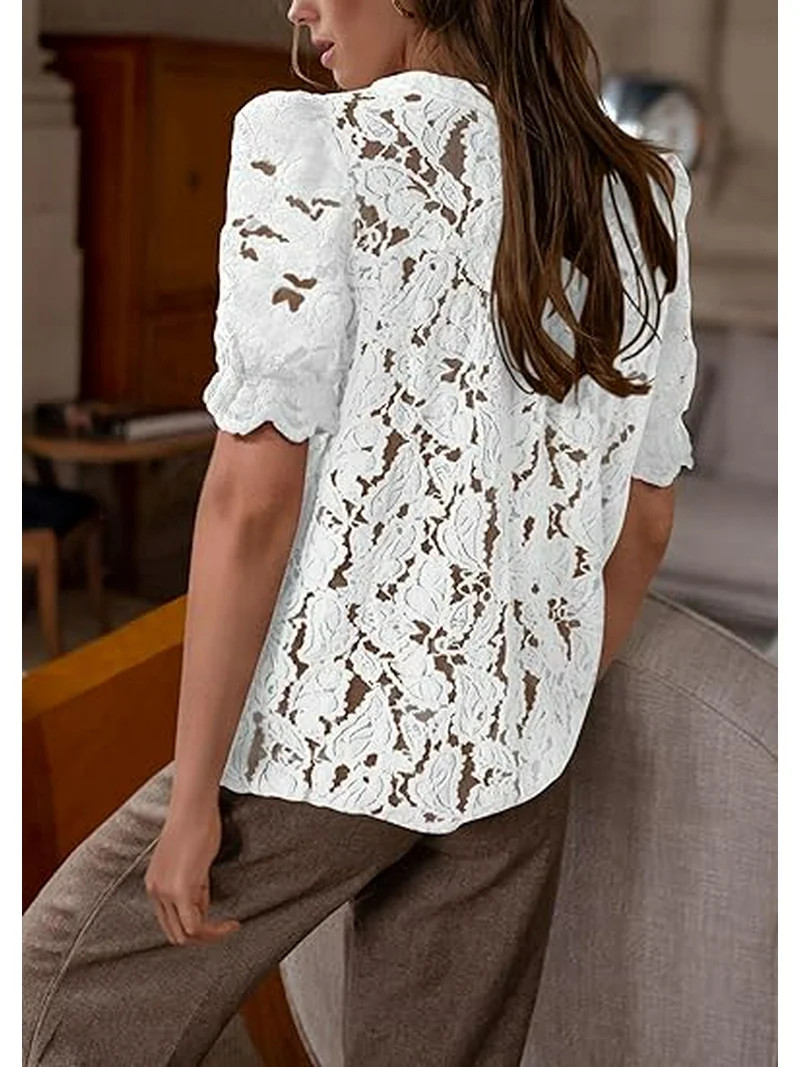 PRETTYGARDEN Womens Summer Lace Tops Short Puff Sleeve Casual Dressy Blouses Eyelet Crew Neck But... | Walmart (US)