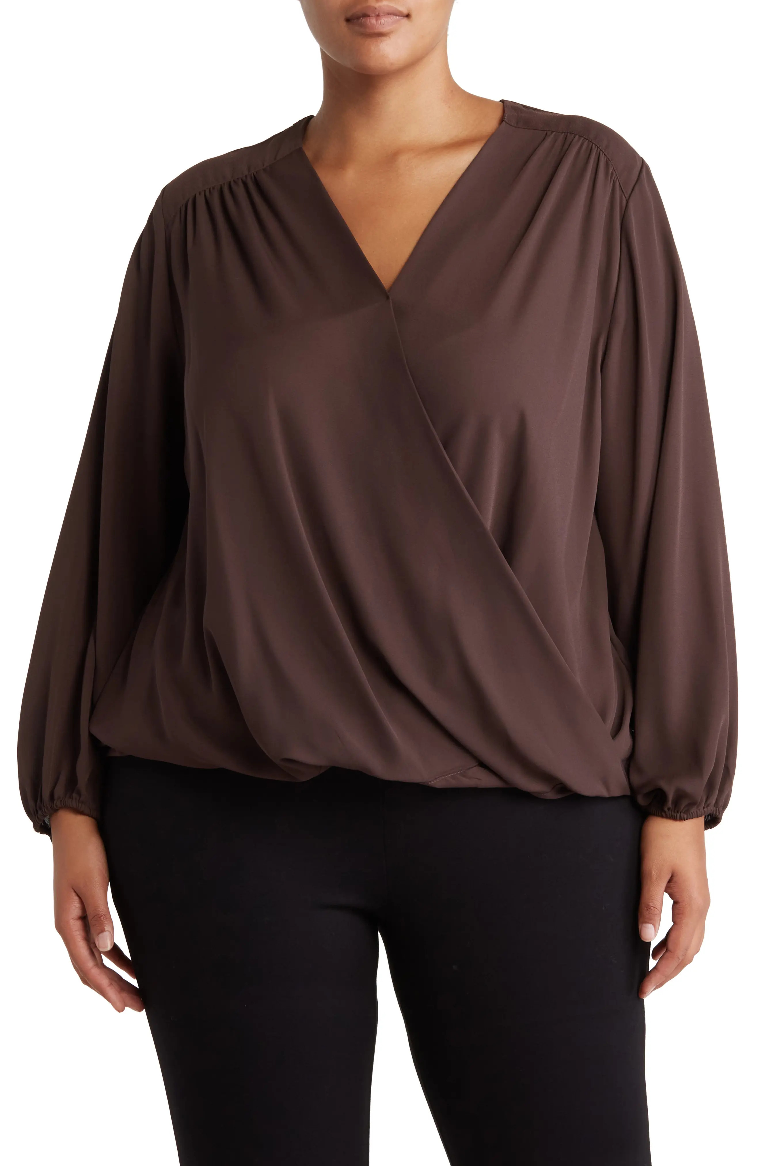 T Tahari Wrap Patterned Blouse in Luggage/Black Stripe at Nordstrom Rack, Size 3X | Nordstrom Rack