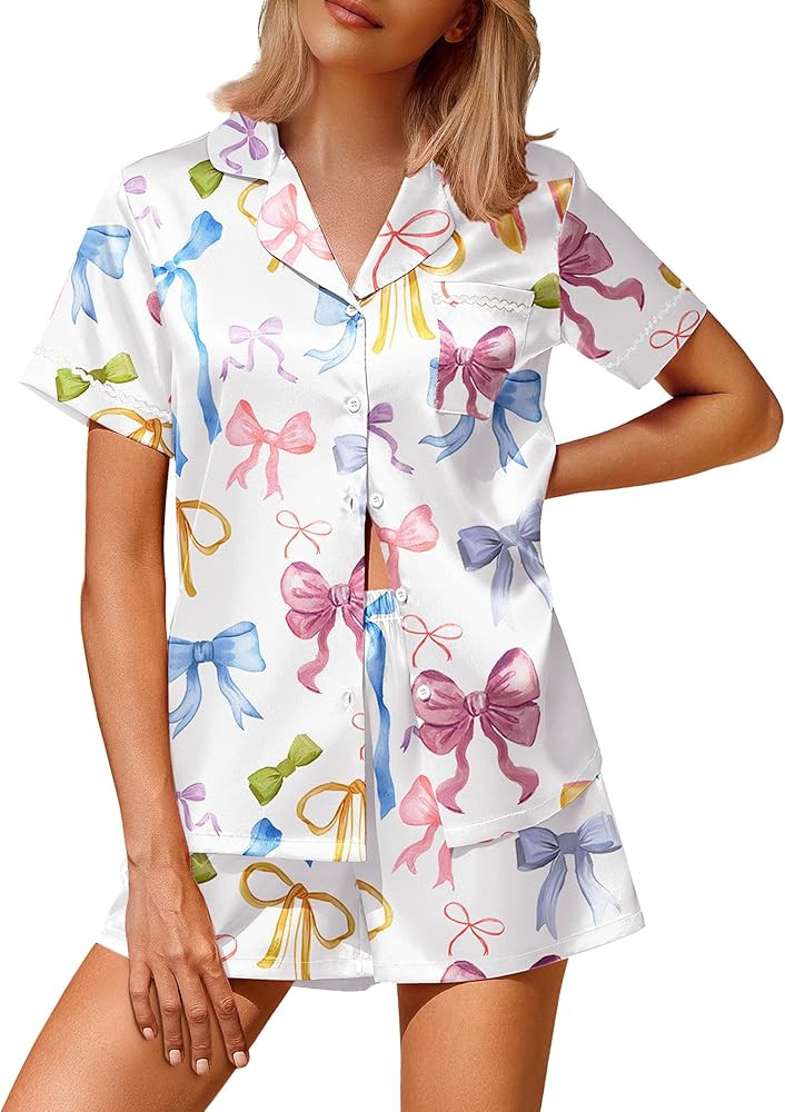 Ekouaer Silk Satin Pajamas 2 Piece Pajamas for Women Set Button Down PJ Short Sleeve and Shorts P... | Amazon (US)
