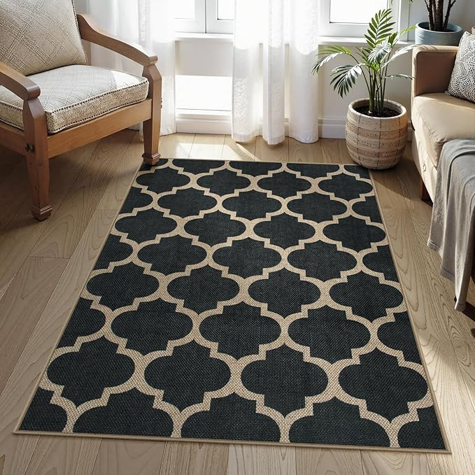 Moroccan 3x5 Outdoor Rug, Easy Jute Black Washable Rug for Entryway Front Porch, Geometric Trelli... | Amazon (US)